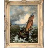 Oil on canvas, sailing boat off Whitby harbour signed T.R. Miles, image 29” x 39”, frame 38” x 48”