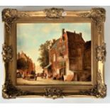 Oil on board of street scene signed J. Hovener. Image 23.5” x 19.5”, frame 32” x 27.5”