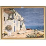 Oil on board of Mediterranean coastal scene signed by Bruna Ceruttifelugo. Image 27” x 19.5”,