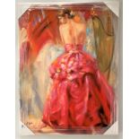 Large oil and acrylic on canvas (unframed) of girl in red dress, signed Eran Di Capri. With