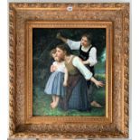 Oil on canvas of 3 girls, unsigned. Image 19.5” x 23.5”, frame 30” x 34.5”