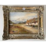 Oil on canvas of cottage and countryside, unsigned but with label from Parker Gallery, artist John