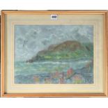 Chalk pastel ‘Bossington From Porlock Weir’ by Diana Stacey, with label purchased Sheffield Art