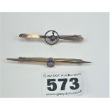 2 x 9k gold tie pins with purple stones, 2” & 2.5” long, total w: 3.8 gms