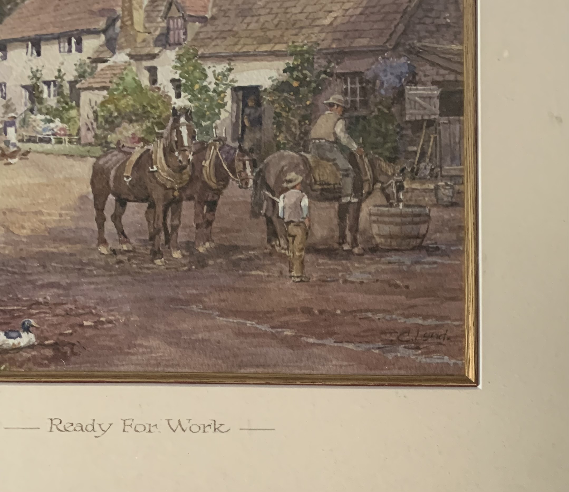 Watercolour ‘Ready For Work’ signed by J. C. Lund. image 9.5” x 8”, frame 18.5” x 16.5” - Image 2 of 3