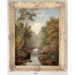 Oil on canvas, river scene landscape. Unsigned William Mellor. Image 14” x 18”, frame 17” x 21.5”.