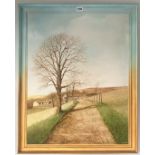 Oil on board of farm and lane ‘Field of Vision’ signed by Neil Simone. Image 21” x 27”, painted