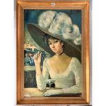 Oil on canvas of woman in white dress and feather hat. Signed. Image 23.5” x 35.5”, frame 29.5” x