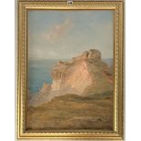 Watercolour of cliff and sea signed J.A. Aumonier. Image 21” x 29”, frame 26” x 34”