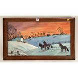 Oil on board of ponies in the snow, signed J.I.Watson ’49. Image 29” x 15.5”, frame 33” x 19”