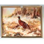 Oil on board of pheasants in winter, signed with monogram EL. Image 24” x 18”, frame 26” x 20”