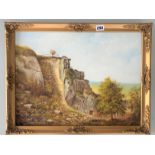 Oil on board of cliff and rocks, signed Dixon. Image 19.5” x 14.5”, frame 22” x 17”