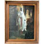 Oil on canvas of Arab man, unsigned. Image 29.5” x 39.5”, frame 38.5” x 48”