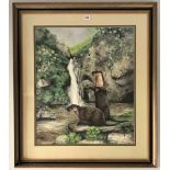 Watercolour and acrylic of otters and waterfall signed Caroline Manning 1981. Image 22” x 26”, frame