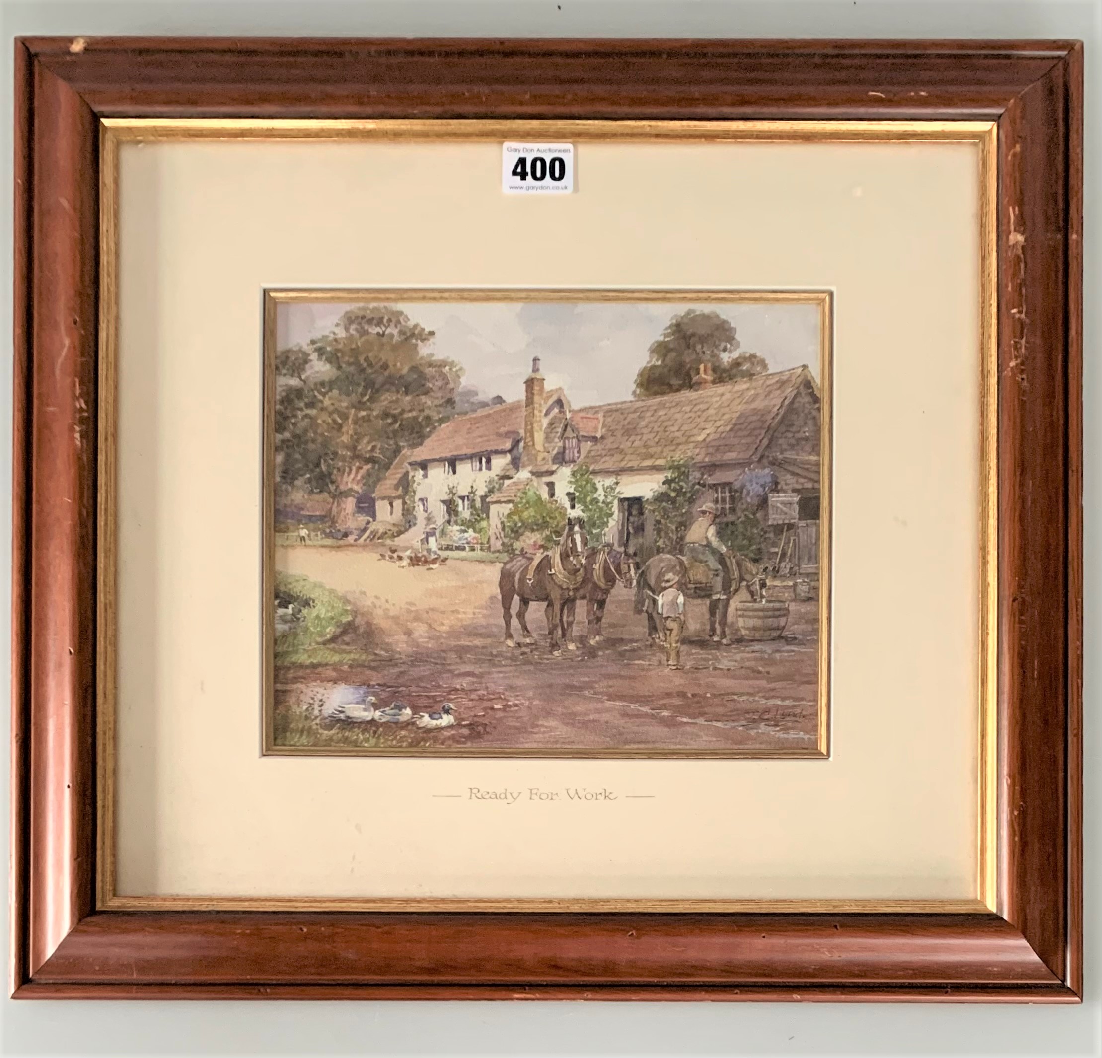 Watercolour ‘Ready For Work’ signed by J. C. Lund. image 9.5” x 8”, frame 18.5” x 16.5”