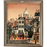 Oil on canvas of French street scene signed Robert ’76. Image 19.5” x 23.5”, frame 22” x 27”