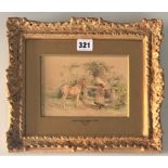 Watercolour of girl and horse after Myles Birket Foster, image 7” x 5”, frame 12” x 10”