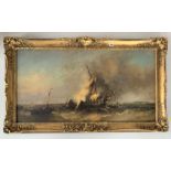 Oil on canvas of seascape with warship on fire. Unsigned. Image 45.5” x 23.5”, frame 52.5” x 30.