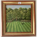 Oil on board of dog and figure on lawn signed Liz Wright 1981. Image 12” x 13”, frame 16.5” x 17”
