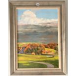 Oil on canvas of sky and landscape, signed on back G. Willson 1983-84. Image 18.5” x 26.5”, frame