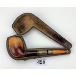 Cased wooden pipe with amber end and silver band by S. Mel, 6.5” long