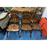 6 oak wheelback chairs (4 + 2 carvers), 22”w x 19”d x 35”