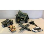 Action Man army truck, armoured vehicle, military plane, artillery gun, rubber dinghy and Buddy L