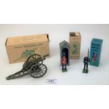 Boxed Britains Royal Artillery Gun, boxed Britains Sentry Box with Soldier and boxed Britains