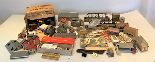 Box of model railway buildings and accessories