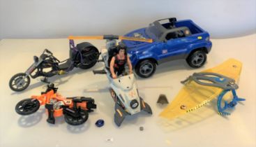 Action Man car, chopper, motorbike, and power copter with Action Man