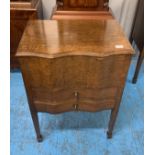 Oak shaped sewing cabinet with padded silk inlay and 2 drawers, 21”w x 14”d x 30”h