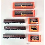 Hornby LMS 00 - 2 boxed carriages, 3 loose , 2 boxed brake vans1 boxed tank wagon