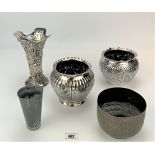 2 silver plated planters, silver plated vase, brass bowl and metal cup