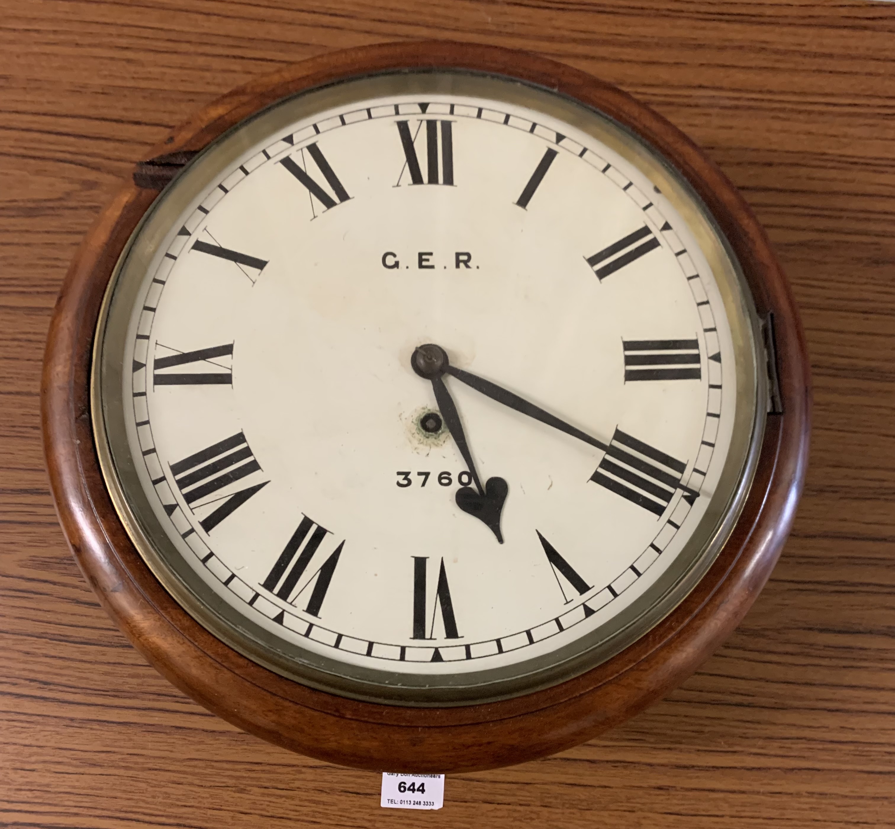 Round G.E.R. 3760 school/station clock with pendulum, 15”diameter