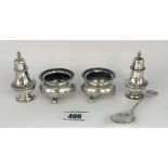 Pair of silver salts, pair of silver pepper pots and silver Ladies Circle spoon, total w: 2.9 ozt