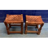 Pair of oak stools with lattice leather tops, 13.5”w x 10”d x 15”h