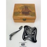 Whitby Jet and white stone belt buckle 2.5” long and clip 3” long in painted wooden box