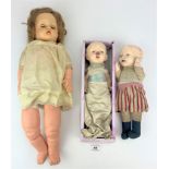 3 dolls – 1 plastic doll 20” long, 2 old pot dolls 12” long each