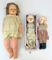 3 dolls – 1 plastic doll 20” long, 2 old pot dolls 12” long each
