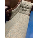 Chaise longue with mahogany frame and green floral silk upholstery. 75”l x 27”d x 34”h