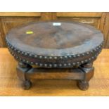 Small oak leather top footstool with studded edges, 15” w x 12” d x 8.5”h