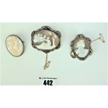 3 plated rim cameo brooches, 2”, 1.5” & 1” long