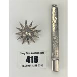 Silver cased pencil 3” long & silver and white stone star brooch 1.25” diameter