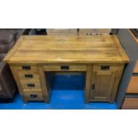 Oak desk with drawers, cupboard and slide for computer, 53”w x 23”d x 32”h