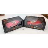 2 boxed Burago 1:18 model cars – Chevrolet Corvette (1957) and Mercedes Benz 300 SL (1964)