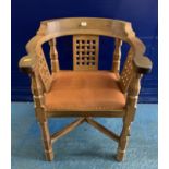 Robert Thompson Mouseman Monk’s chair with tan leather seat and brass studs. With receipt