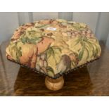 Tapestry covered hexagonal footstool with 3 feet, 14” x 14” x 5”h