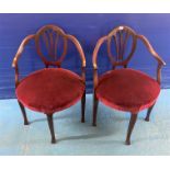 Pair of mahogany armchairs with round red upholstered seats, 21.5” w x 18.5”d x 33.5”h