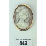 18k gold rimmed cameo brooch/pendant, 2.25” long, total w: 11.6 gms