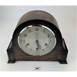 Oak 3-hole Smiths mantle clock with pendulum & key, 11.5” w x 9”h